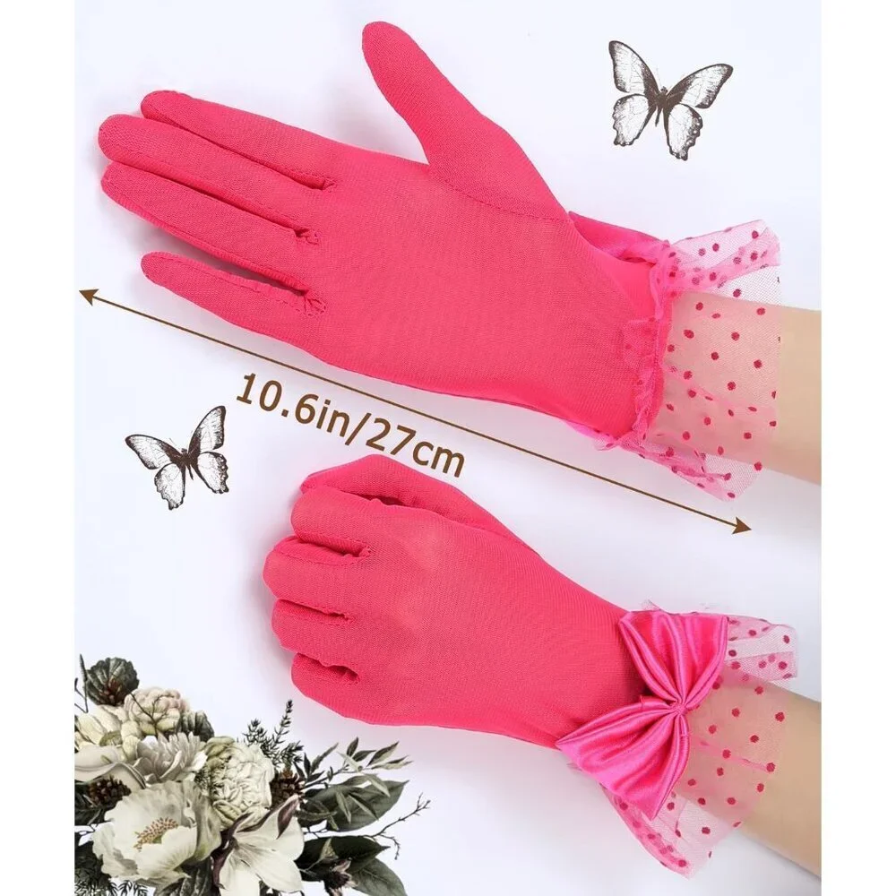 Women's Bow Lace Short Gloves Hot Pink Princess Wedding Evening Accessories